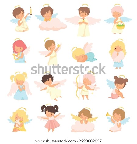Cute Baby Angels with Nimbus and Wings Vector Set