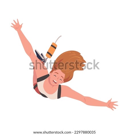 Bungee Jumping with Woman Character Free Falling Down from Great Height Connected to Elastic Cord Vector Illustration