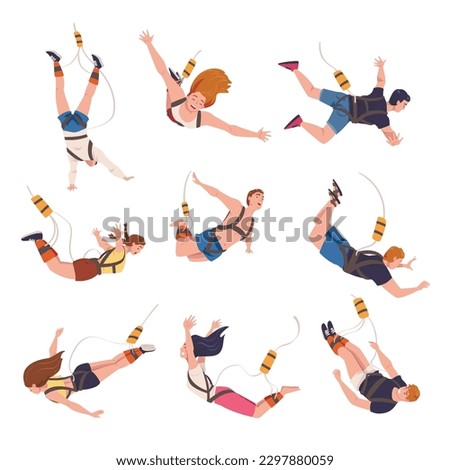 Bungee Jumping with People Character Free Falling Down from Great Height Connected to Elastic Cord Vector Set