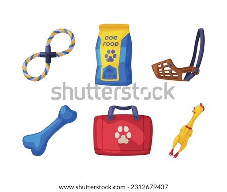 Pet Shop Accessory with Food Pack, Bone, Toy and Muzzle Vector Set