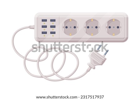 Extension Cord or Power Extender with Plug and Power Cord as Electric Current Equipment with Port Connector Vector Illustration