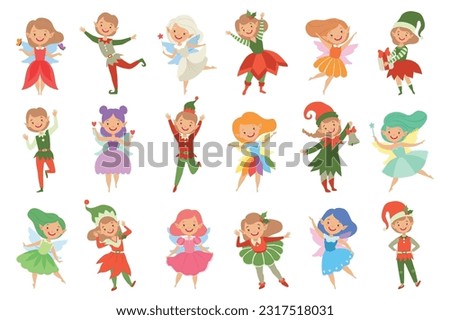 Cute Girl Fairy Wings and Elf in Pretty Dress Flying and Happy Smiling Vector Set