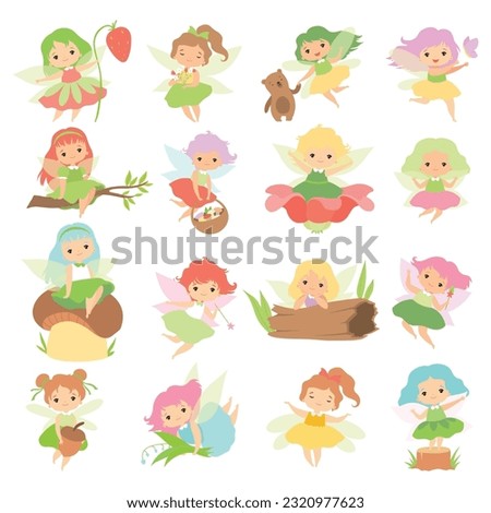 Little Fairy or Pixie with Wings as Woodland Nymph Big Vector Set