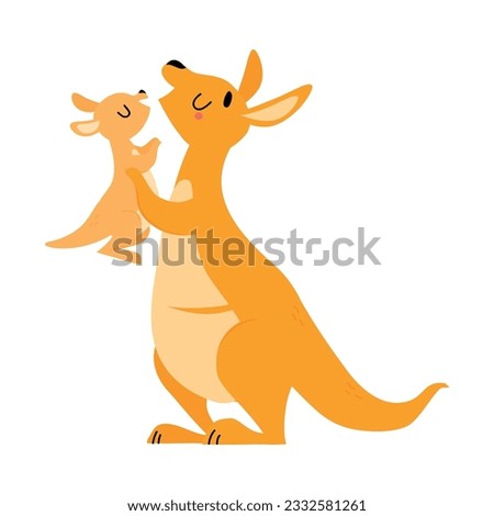 Cute Brown Kangaroo Marsupial Character with Joey Holding with Paws Vector Illustration
