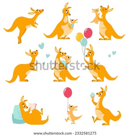 Cute Brown Kangaroo Marsupial Character with Little Joey Vector Set