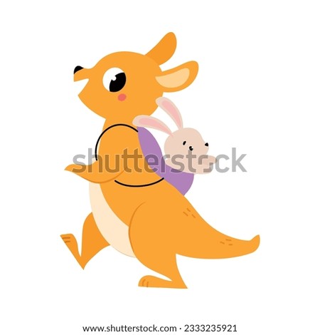 Cute Baby Kangaroo or Joey Character as Marsupial Mammal Walking with Backpack Vector Illustration