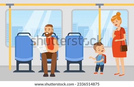 Polite little boy offering seat in transport to pregnant woman. Well mannered kid, good manners and respect cartoon vector