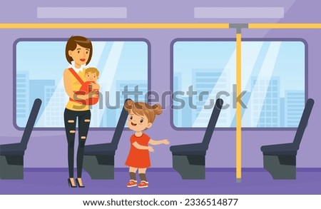 Polite little girl offering seat in transport to young woman with baby. Well mannered kid, good manners and respect cartoon vector