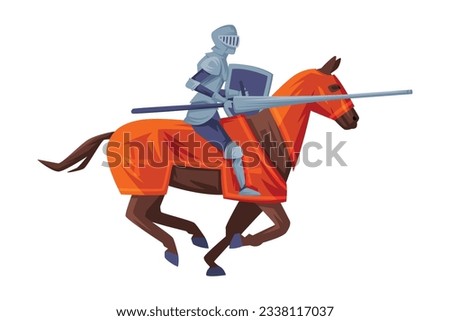 Medieval armored knight riding horse. Knight with sword in his hands preparing to strike in joust vector illustration