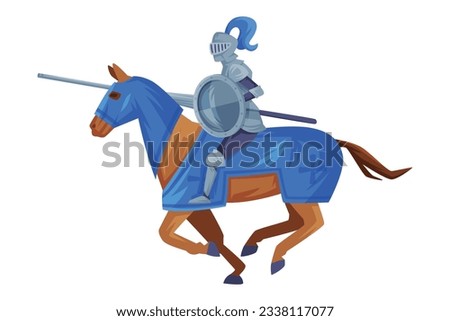 Medieval armored knight on horseback holding sword in his hands preparing to strike in joust vector illustration