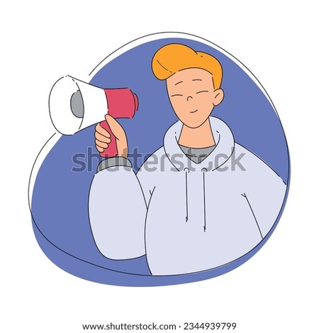 Smiling Man Character Looking Out of Shape with Megaphone Vector Illustration