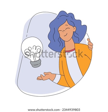 Smiling Woman Character Looking Out of Shape with Lightbulb Vector Illustration