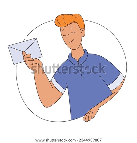 Smiling Man Character with Envelope Looking Out of Shape Vector Illustration