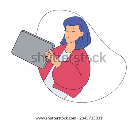 Smiling Woman Character Looking Out of Shape with Tablet Vector Illustration