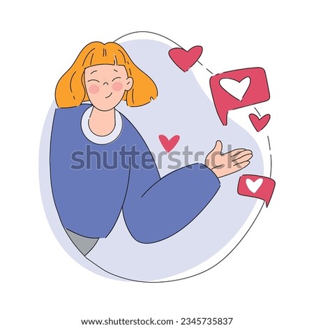 Smiling Woman Character Looking Out of Shape with Likes Vector Illustration