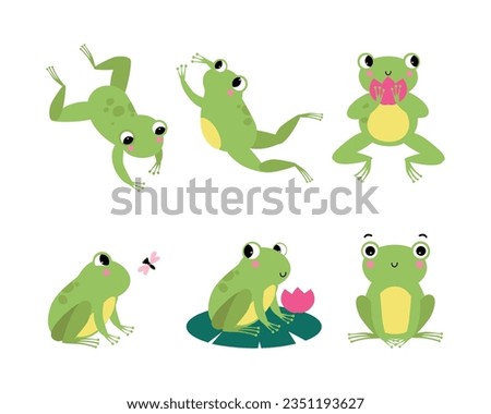 Cute Green Frog with Protruding Eyes Vector Illustration Set