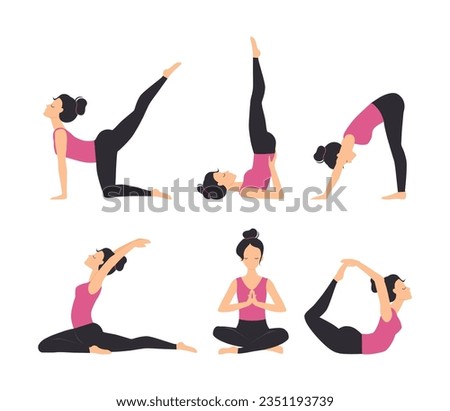 Young Woman Practicing Yoga Asanas Stretching Body Standing in Different Pose Vector Set
