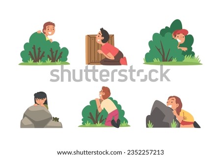 Kids Playing Hide and Seek Concealing Behind Stone and Bush Vector Set