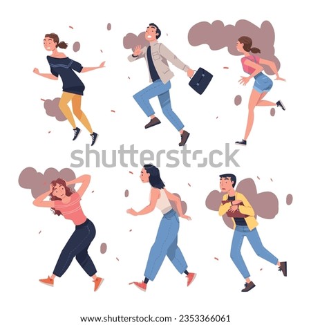 Fire Emergency with Man and Woman Escaping Saving Life when Smoke Vector Illustration Set