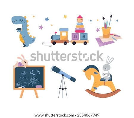 Colorful Kids Toy with Train, Dinosaur, Telescope, Rocking Horse and Chalkboard Vector Illustration Set