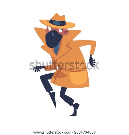 Man Spy Character in Mustard Coat and Hat Sneaking Investigating Vector Illustration