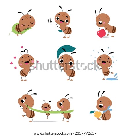 Cute Brown Little Ant Engaged in Different Activity Vector Set