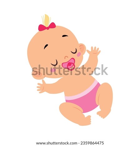 Cute Little Baby Girl or Infant in Pink Diaper Lying with Pacifier Vector Illustration