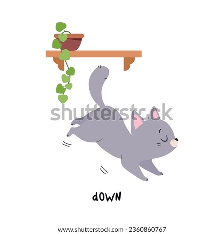 Little Grey Cat Jump Down from Shelf as English Language Preposition for Educational Activity Vector Illustration