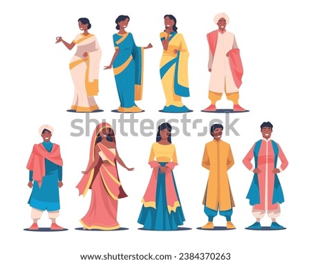 Hindus People Characters in National Costume in Standing Pose Vector Set