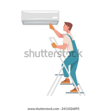 Man Character on Ladder Install Air Conditioner on the Wall Vector Illustration