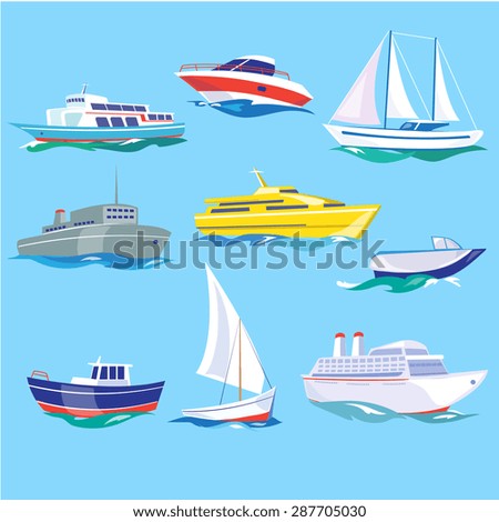 Set of sea ships. Water carriage and maritime transport in flat design style. Side view vector illustration.