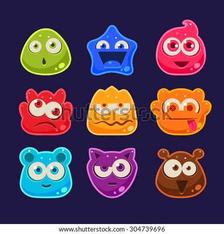 Cute jelly characters with different emotions and colors