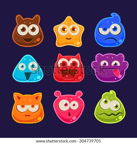 Cute jelly characters with different emotions and colors