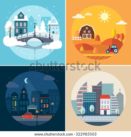 Set of flat vector illustrations of city and state landscapes in different seasons