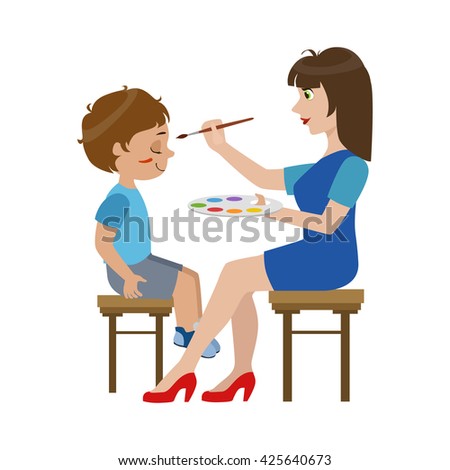 Artist Painting The Face Of The Boy Bright Color Cartoon Childish Style Flat Vector Drawing Isolated On White Background