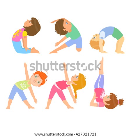 Kids Doing Simple Yoga Poses Bright Color Cartoon Childish Style Flat ...