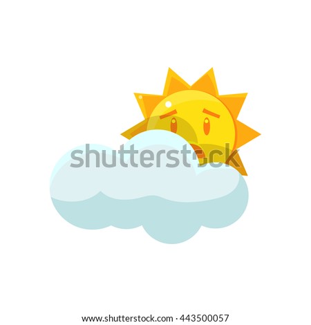 Sun Hiding Behind The Cloud Cute Childish Style Bright Color Design Icon Isolated On White Background