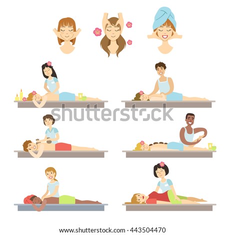 People Getting Facial And Body Massage In Spa Flat Childish Cartoon Style Bright Color Vector Illustration On White Background
