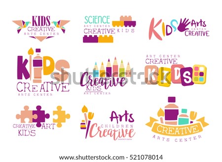 Kids Creative And Science Class Template Promotional Logo Set With Symbols Of Art and Creativity, Painting And Origami