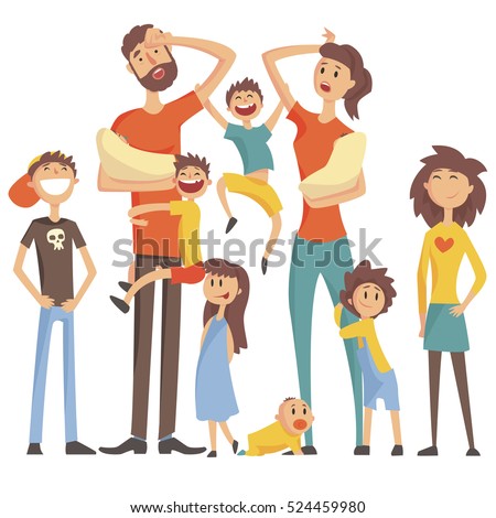Happy Caucasian Family With Many Children Portrait With All The Kids And Babies And Tired Parents Colorful Illustration