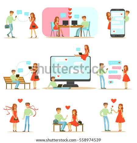 People Finding Love And Dating Using Dating Web Sites And App On Smartphones And Computers Infographic Illustration