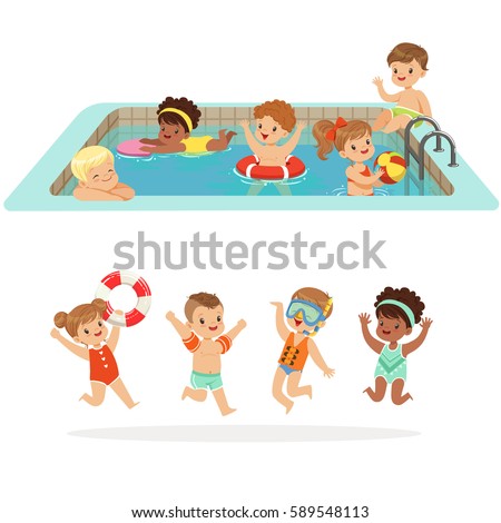 Small Children Having Fun In Water Of The Pool With Floats And Inflatable Toys In Colorful Swimsuit Set Of Happy Cute Cartoon Characters