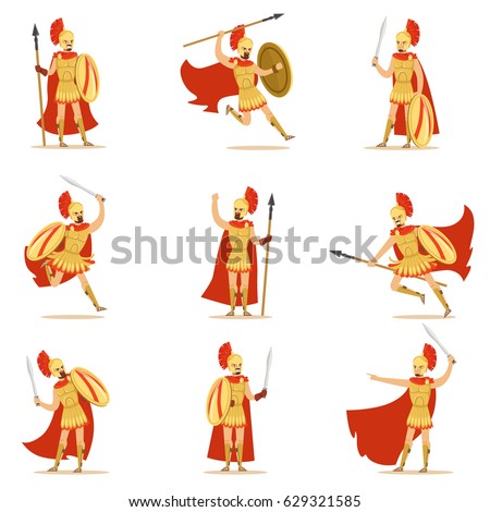 Spartan Soldier In Golden Armor And Red Cape Set Of Vector Illustrations With Greek Military Hero In The Fight