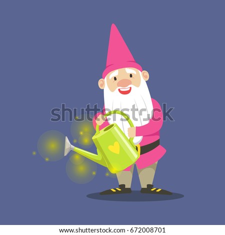 Cute dwarf gardener in pink clothes standing and holding a watering can vector Illustration