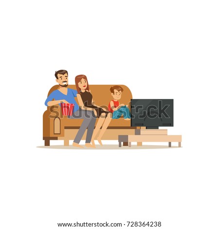 Young family watching tv with little boy, people sitting on a sofa in a living room in front of the television screen vector Illustration