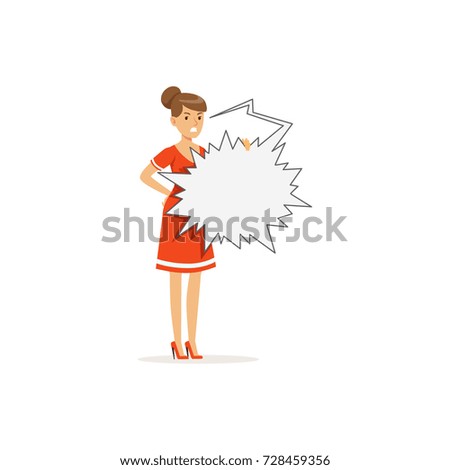 Angry woman character standing with empty bursting speech bubble vector Illustration