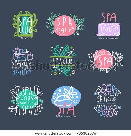 Spa club, beauty studio logo set, badge for wellness, yoga center hand drawn vector Illustrations