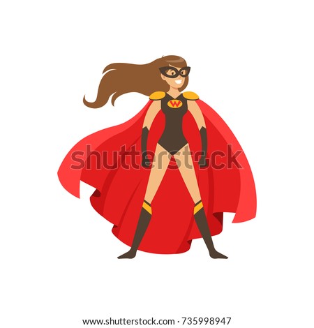 Woman superhero in classic comics costume with red cape