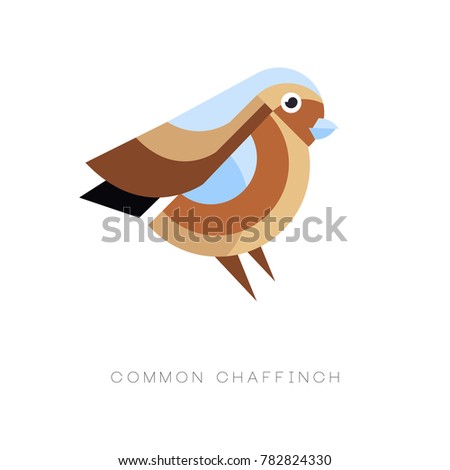 Abstract logo design of common chaffinch. Geometric flat vector icon. Small passerine bird. Colorful graphic element for postcard print or zoo store