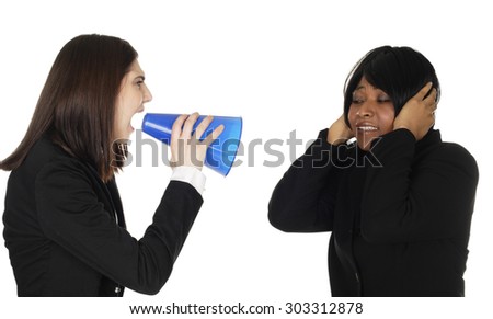 Business woman uses megaphone to make her point.